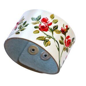 NEW Adjustable Wide White Leather Cuff Bracelet Hand Painted Red Roses Floral